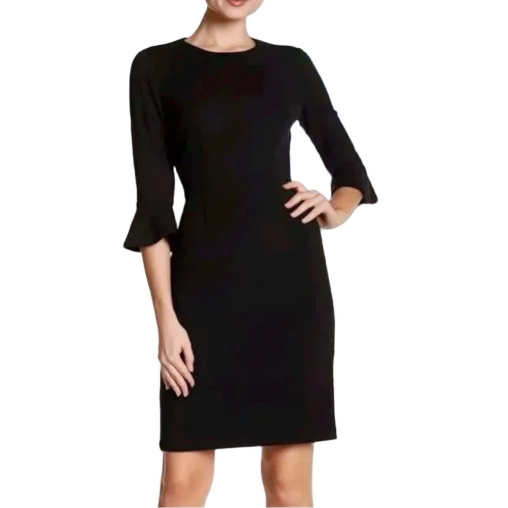 Donna Morgan Crew Neck Bell Sleeve Solid Crepe Black Cocktail Dress NWOT size 2